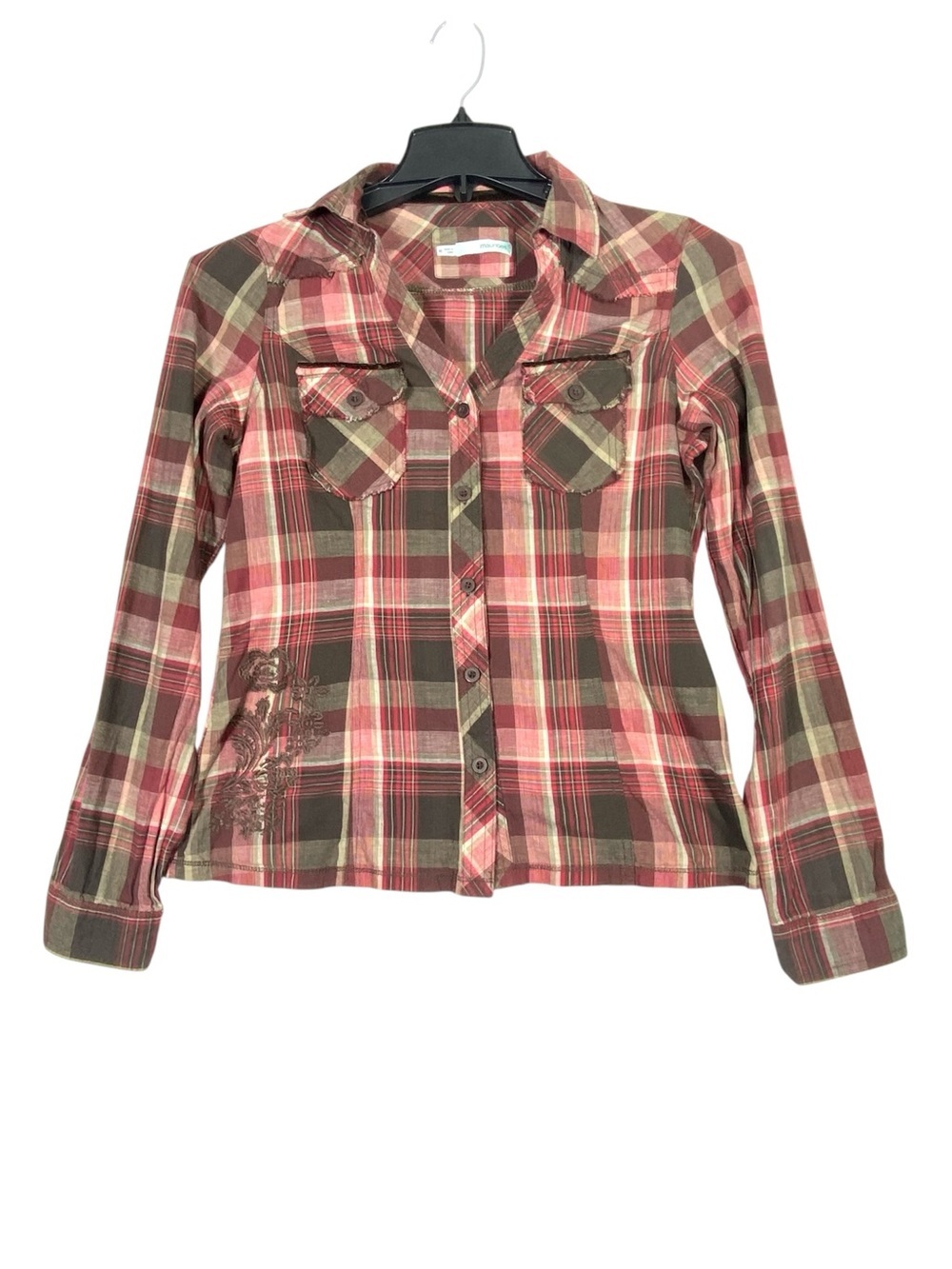 Maurices Button Up Plaid Shirt Womens M Floral Embroidered Fringe Pocket Western